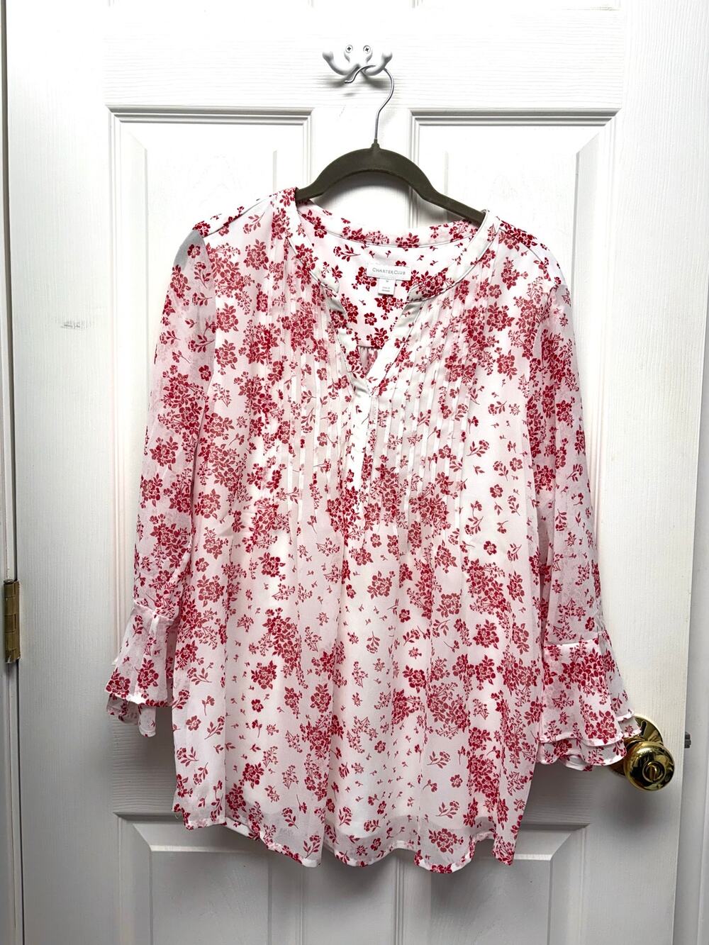 Charter Club Blouse Chiffon, Stretch Back, 3/4 Sleeve Red White Floral Womens M